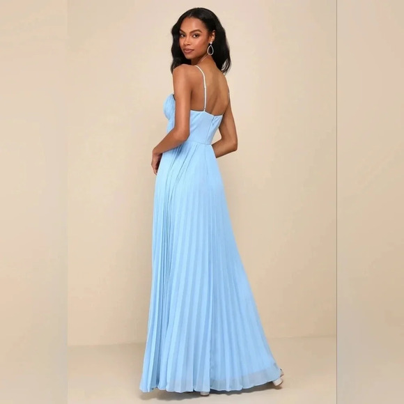 Lulus Admirable Elegance Light Blue Pleated Bustier Maxi Dress Wedding Party - Picture 5 of 10